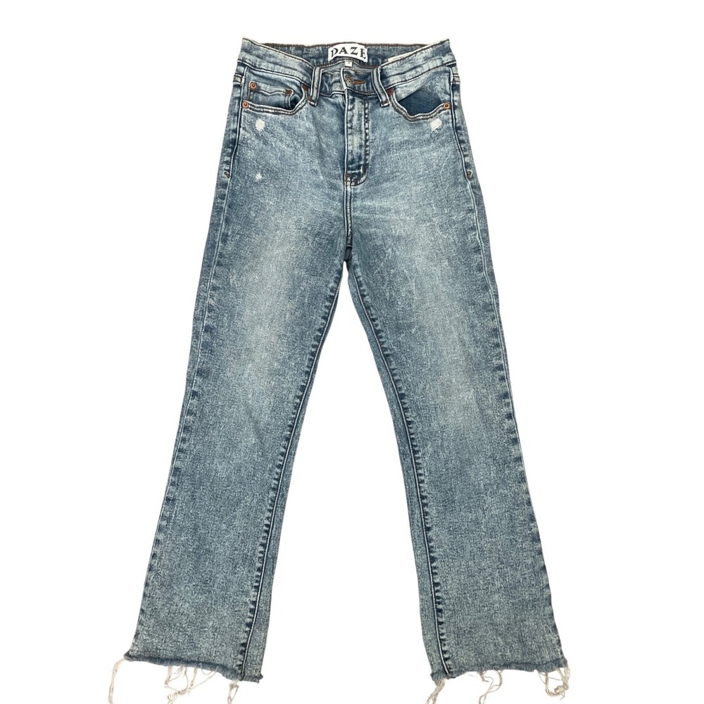 Daze Denim Women Light Wash Acid Straight Leg Jeans Raw Hem Size 26 Distressed